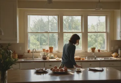 A person seen from behind at a sunlit kitchen counter, standing over a plate of eggs in warm morning light