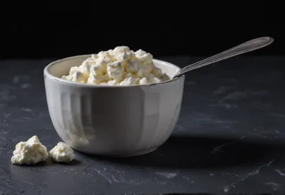 A cup of cottage cheese with a spoon resting in it, on a dark slate surface