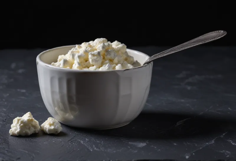 A cup of cottage cheese with a spoon resting in it, on a dark slate surface