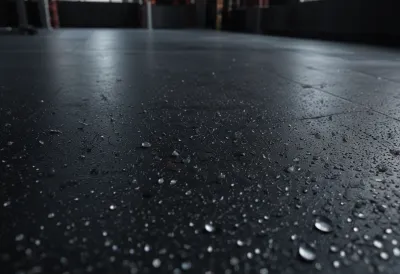 A tight macro view of sweat droplets beaded across dark rubber gym flooring under harsh overhead light in an empty gym at night.