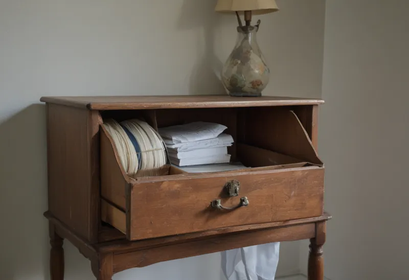 An old wooden cabinet drawer pulled halfway open and stuck, in dim light