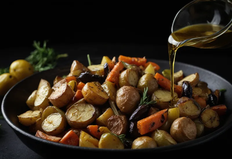 A thin stream of golden olive oil pouring over roasted vegetables in a dark bowl, lit from the side against a black background