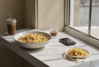 A phone lying face-down on a worn kitchen counter next to a half-eaten bowl of pasta and a cold cup of coffee