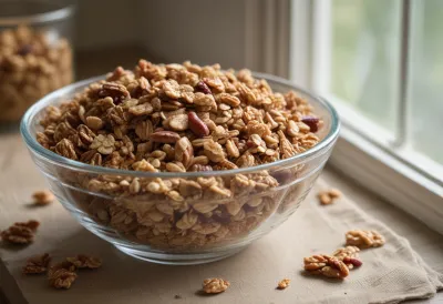A small glass bowl of granola heaped high above its rim on a pale kitchen surface in soft morning light