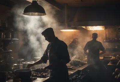 Silhouette of a cook working at a restaurant pass with steam rising and heat lamps glowing behind