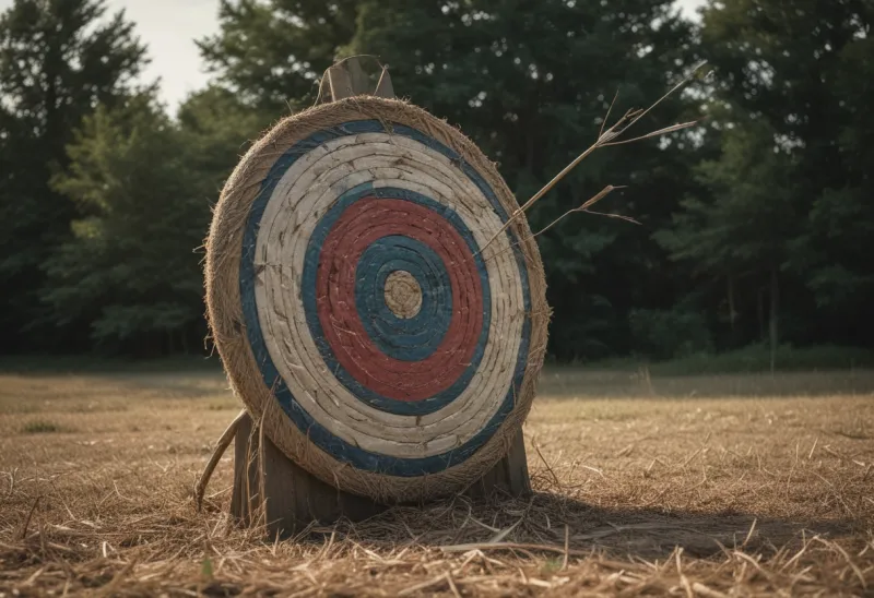 A weathered straw archery target with arrows struck into its outer rim and scattered around the edge under flat overcast light