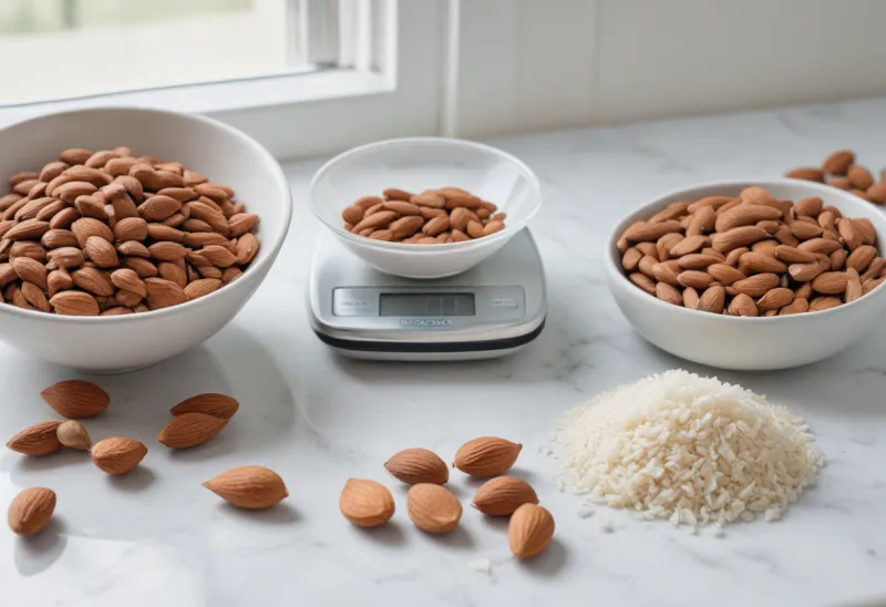 Digital kitchen scale holding whole almonds next to a measuring cup of rice, photographed from above on a bright counter