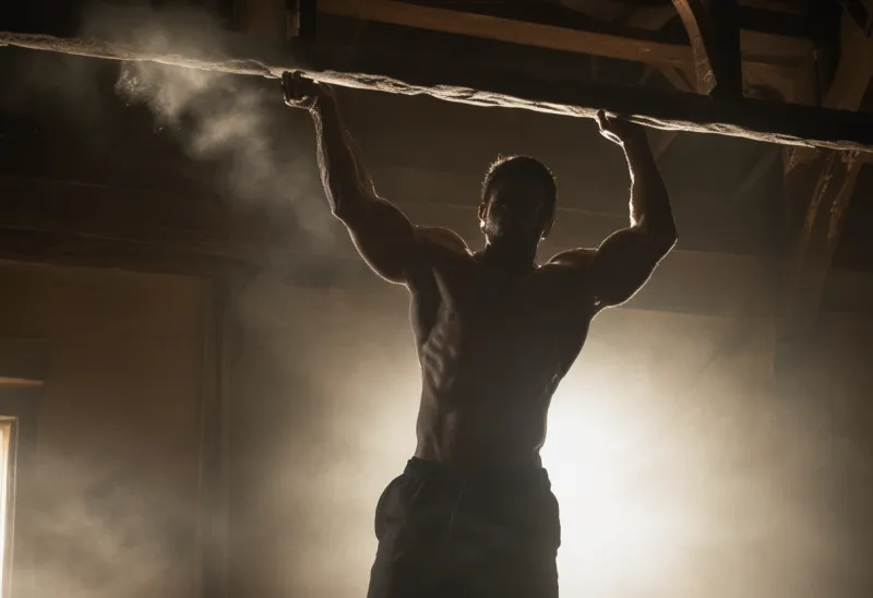A lean athlete silhouetted mid pull-up in a dim gym, chalk dust hanging in a hard shaft of light