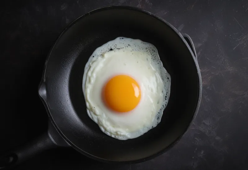 A single egg frying in a pan, the translucent white turning opaque and setting at the edges, seen from above