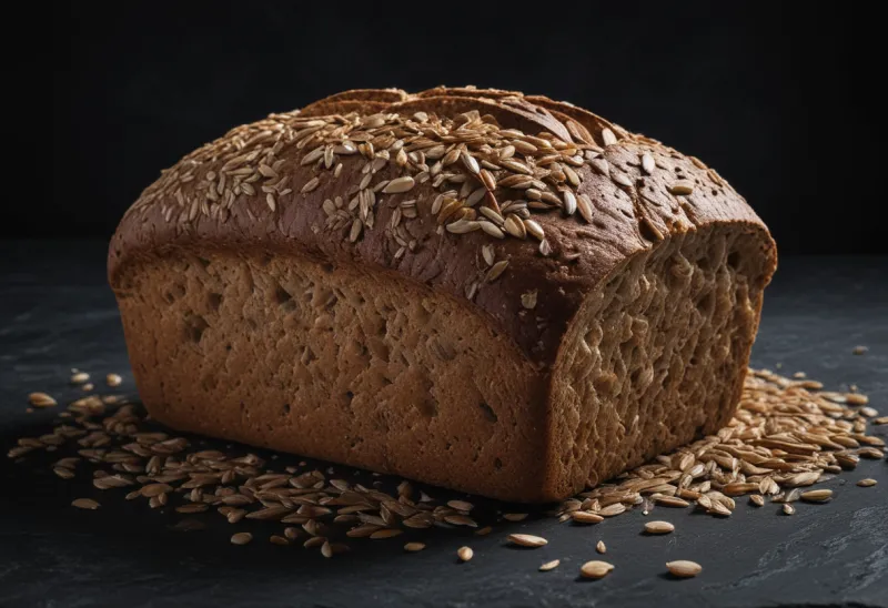 A dense seeded rye loaf torn open to show a ragged crumb studded with whole grains, with loose grains scattered on dark stone.