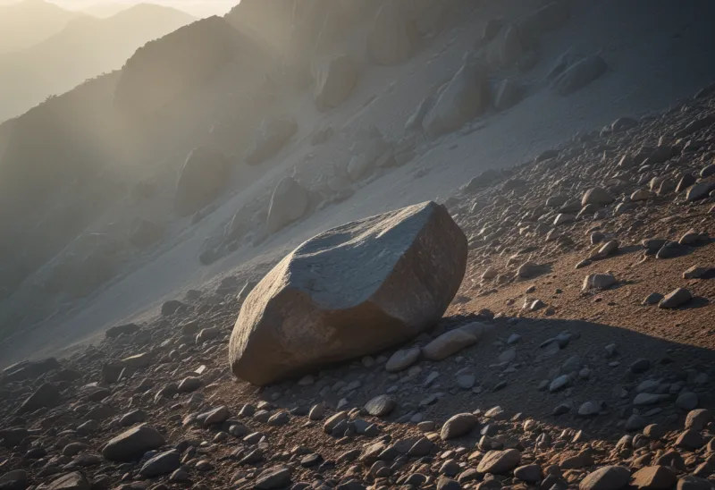 A single large boulder resting motionless halfway down a bare scree slope of loose grey stones.