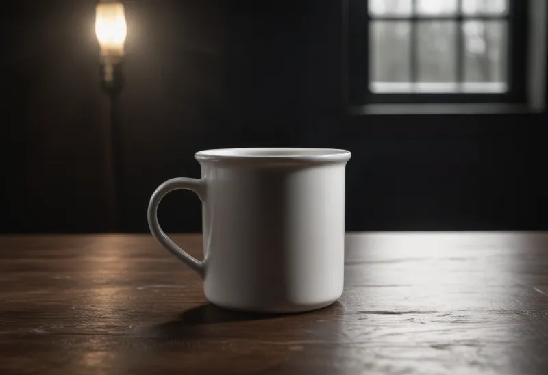 A single white enamel mug standing on a dark wooden table.