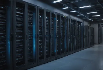 A single server rack standing in an empty dark machine room, its cooling vents glowing faint blue.