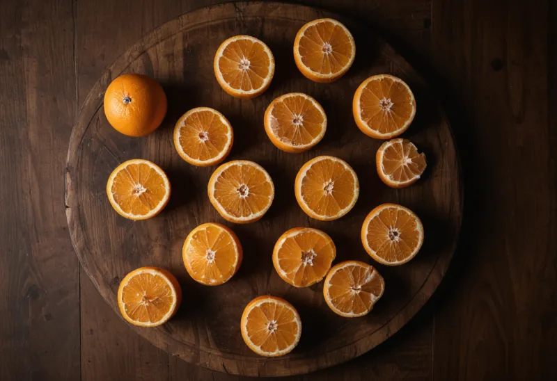 Halved oranges spread across a round wooden board