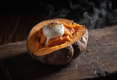 A halved baked sweet potato with steam rising off the orange flesh, lit by a single warm beam on a dark wooden board.