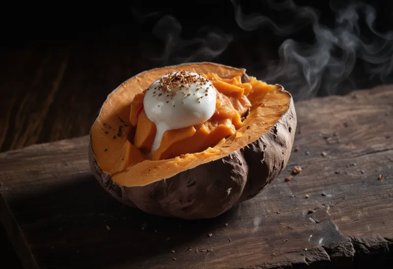 A halved baked sweet potato with steam rising off the orange flesh, lit by a single warm beam on a dark wooden board.