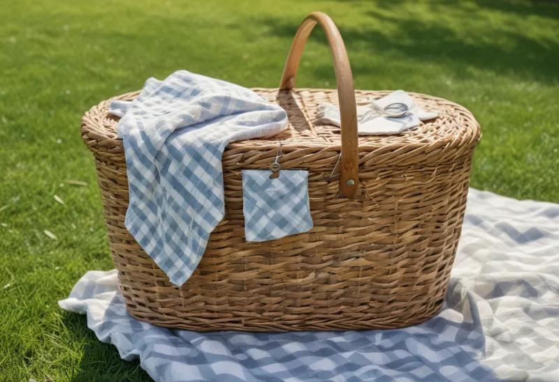 A woven wicker picnic basket with a folded gingham cloth on a park lawn.