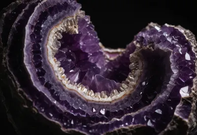 A geode split open, showing a plain grey outer rind and a dense violet crystal interior.