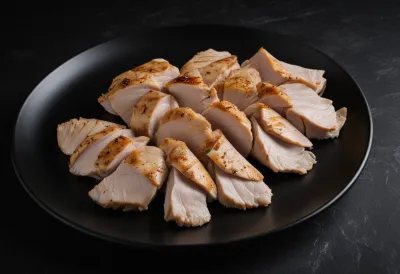 Thin slices of cold cooked chicken breast fanned into one corner of a dark ceramic plate, three-quarters of it bare