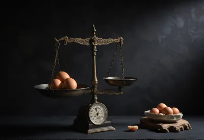 An antique brass balance scale under a spotlight, one pan piled with chicken and eggs and the other nearly empty