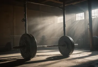 A chalked barbell resting on a gym floor with dust in a shaft of light and a lifter silhouetted behind it