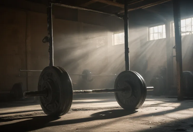 A chalked barbell resting on a gym floor with dust in a shaft of light and a lifter silhouetted behind it