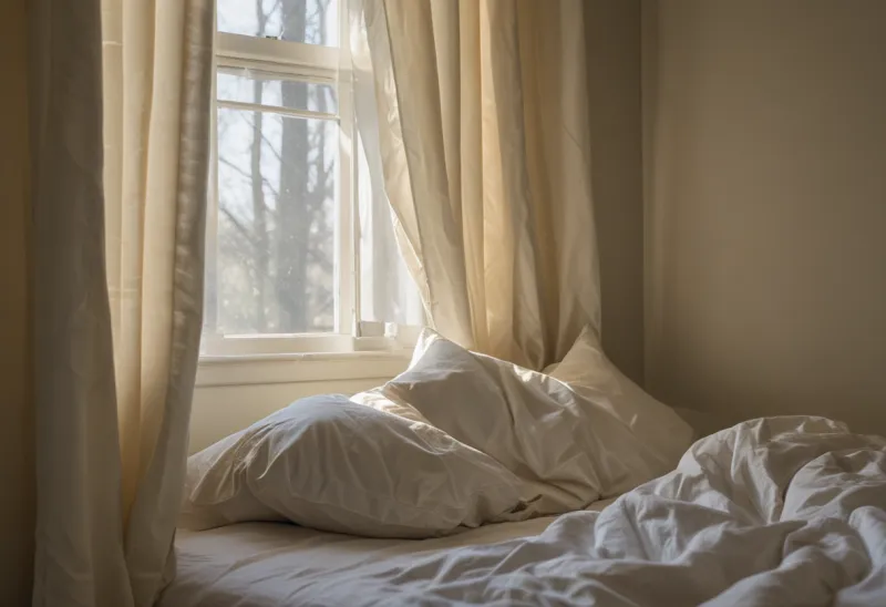 An empty rumpled bed with one dented pillow, lit by early morning sun coming through half-open curtains
