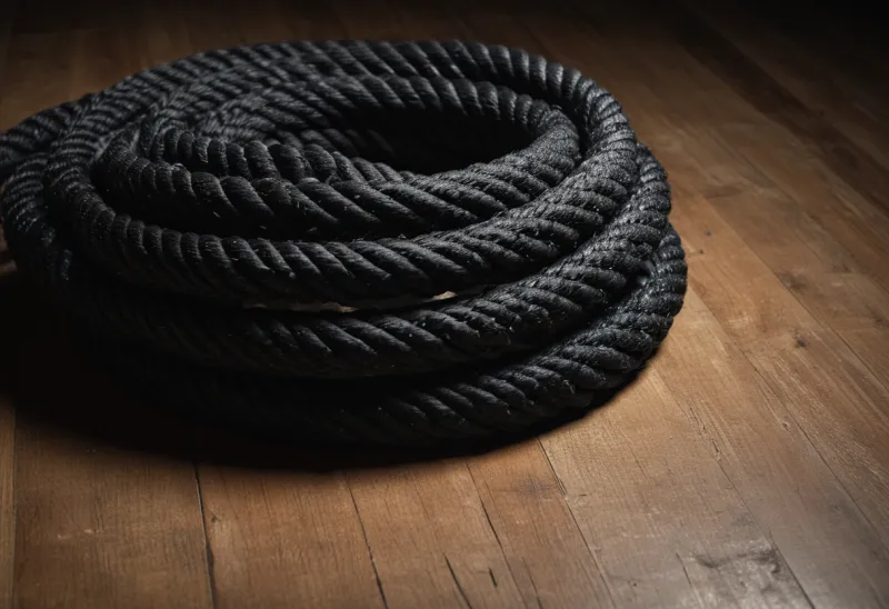 A thick training rope coiled in a loose pile on a gym floor.