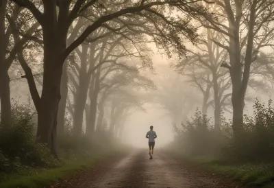 A lone runner at distance on a misty path at dawn