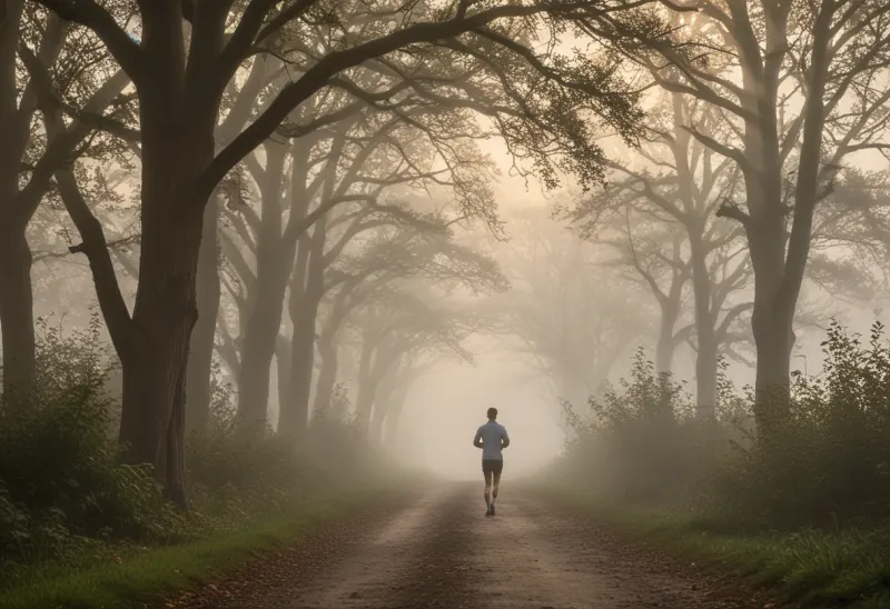 A lone runner at distance on a misty path at dawn