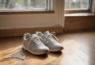 A pair of worn running trainers with loose laces resting on a wooden floor beside a sunlit window in cool morning light
