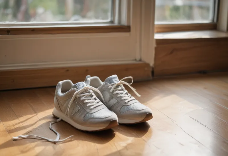 A pair of worn running trainers with loose laces resting on a wooden floor beside a sunlit window in cool morning light
