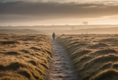 A lone walker on a narrow dirt footpath crossing open moorland, the path disappearing into morning haze under a low sun