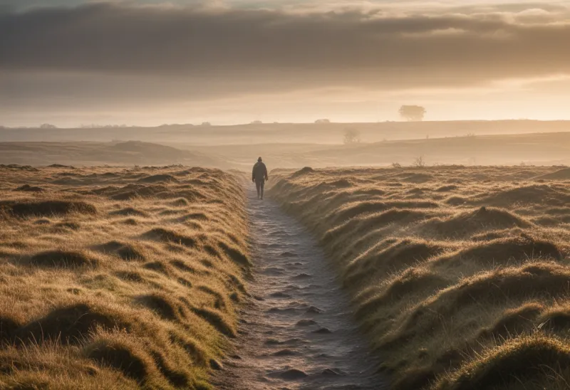 A lone walker on a narrow dirt footpath crossing open moorland, the path disappearing into morning haze under a low sun