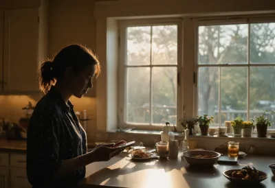 Silhouette of a woman at a kitchen counter at dusk beside a plated dinner, holding a phone at her side