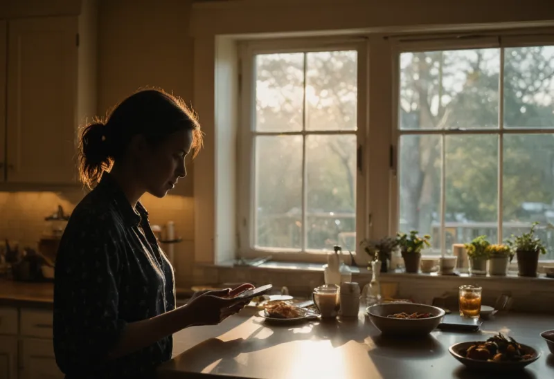 Silhouette of a woman at a kitchen counter at dusk beside a plated dinner, holding a phone at her side