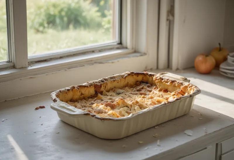 A baking dish of layered gratin on a worn kitchen counter with one uneven portion lifted out, exposing the layers underneath.
