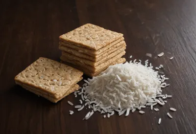A loose mound of cooked rice next to four neatly stacked crackers on a dark wooden board, lit from the side