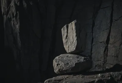 A flat grey stone balanced perfectly level and still on the point of a single upright rock against a dark background