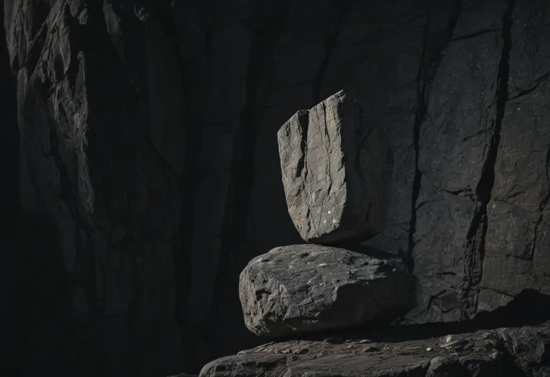 A flat grey stone balanced perfectly level and still on the point of a single upright rock against a dark background