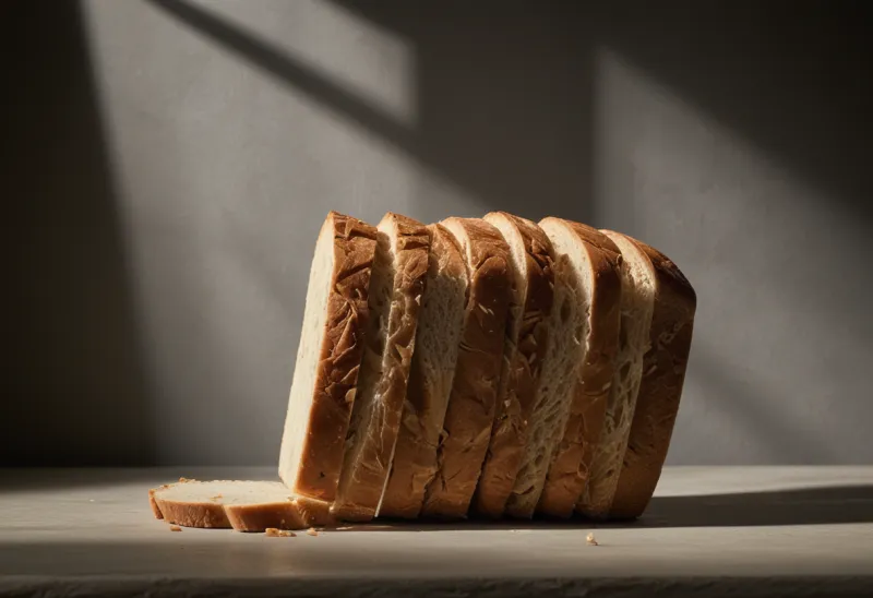 A sliced loaf of bread standing in a stack with one slice missing from the middle, the gap falling into shadow.