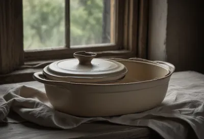 A stoneware casserole on a linen table with its lid set slightly ajar, steam escaping from the gap and the food inside hidden in shadow.