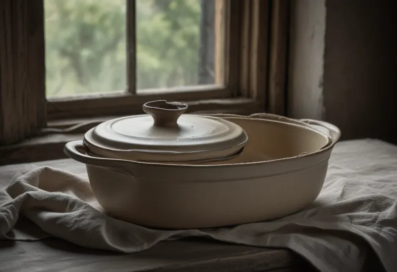 A stoneware casserole on a linen table with its lid set slightly ajar, steam escaping from the gap and the food inside hidden in shadow.