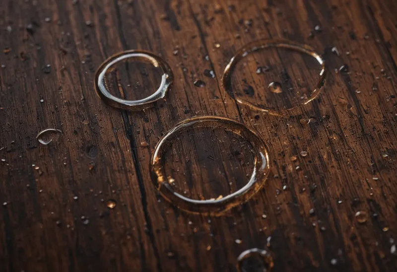 Overlapping wet rings on a dark polished bar top beside an uncorked bottle in low amber light