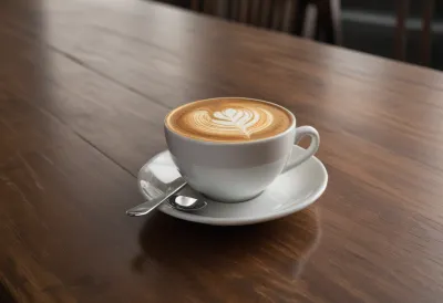 A latte in a plain white ceramic cup on a wooden cafe counter.