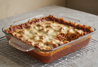 A rectangular baking dish of lasagne resting on a wire cooling rack, with one uneven corner already scooped out.