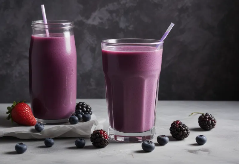 A tall tumbler of thick purple berry smoothie on a dark surface.