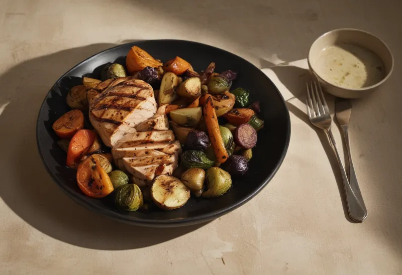 A shallow bowl heaped high with roasted vegetables beside a small portion of sliced grilled chicken on a dark table