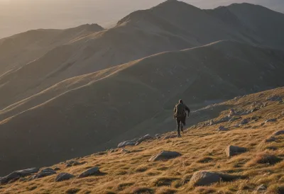 A lone hiker seen from behind, small in the frame, mid-stride along a long exposed ridgeline under a vast dawn sky