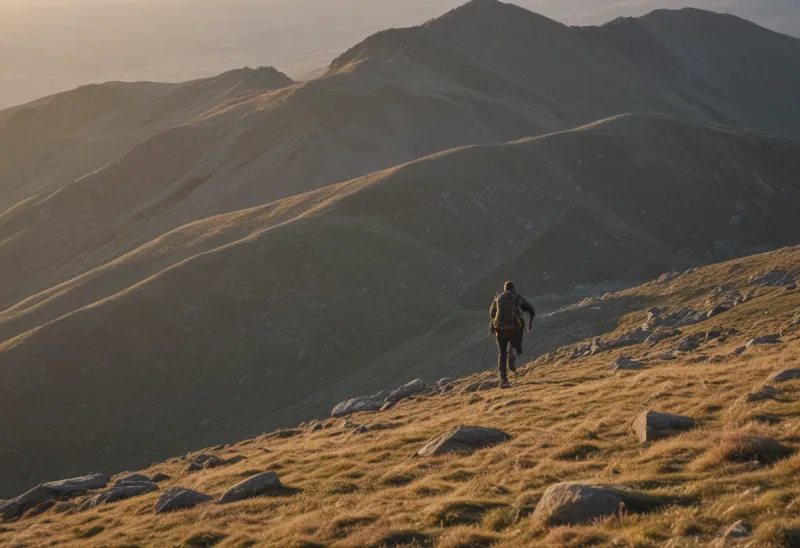 A lone hiker seen from behind, small in the frame, mid-stride along a long exposed ridgeline under a vast dawn sky